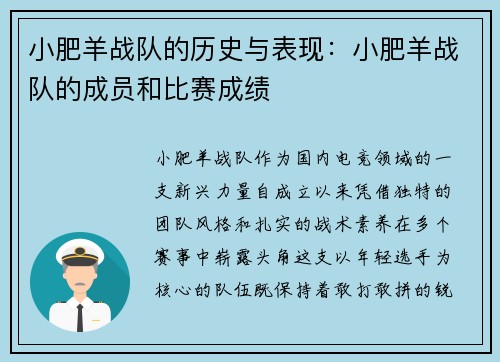 小肥羊战队的历史与表现：小肥羊战队的成员和比赛成绩