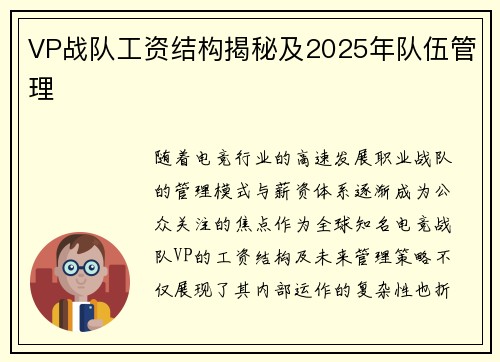VP战队工资结构揭秘及2025年队伍管理